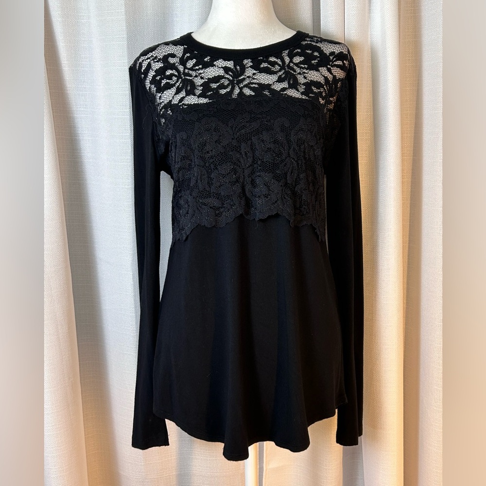 KAREN KANE Made in USA Black Rose Lace Inset Overlay Long Sleeve Top Goth w13